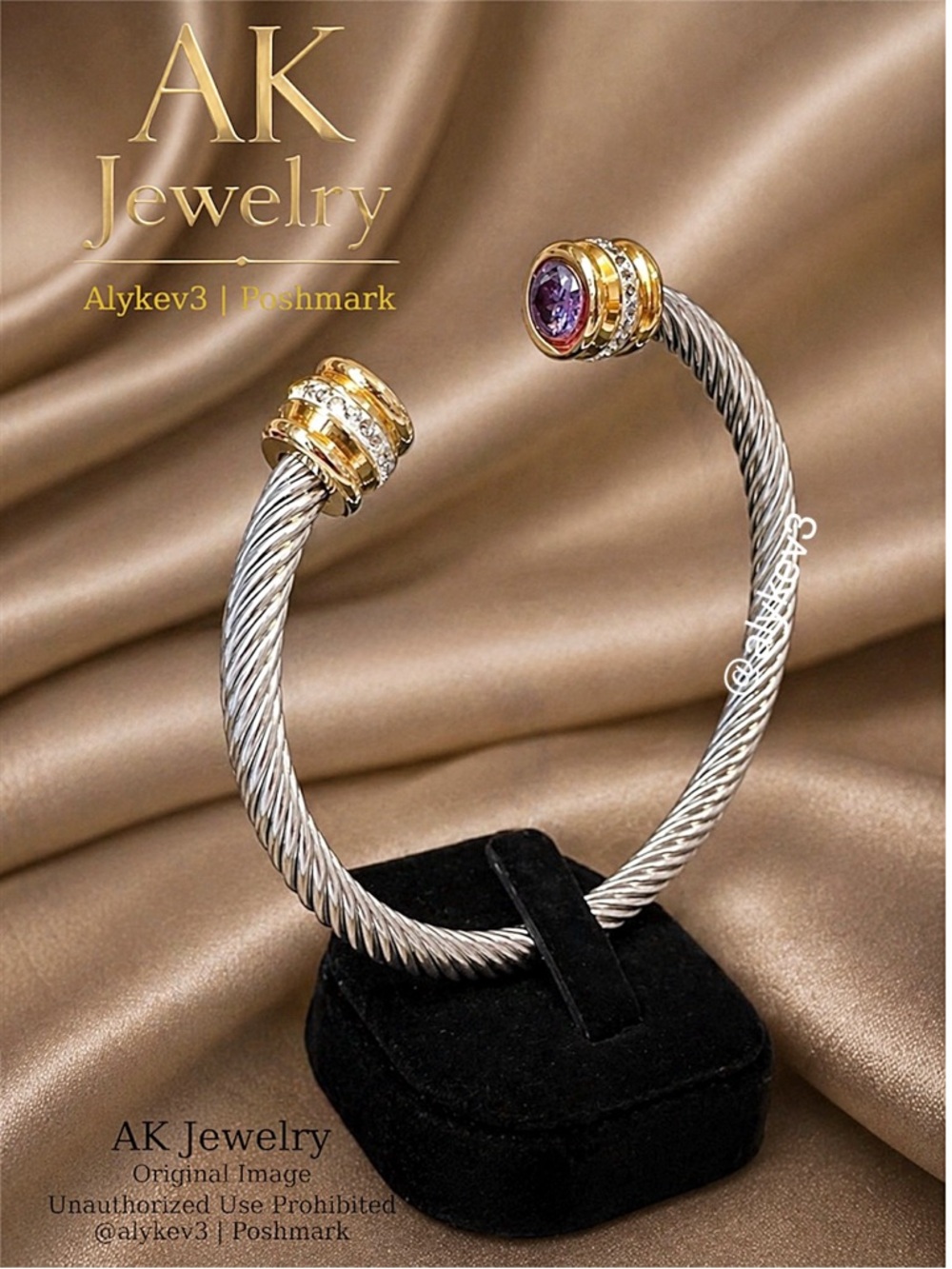 💎Luxury Purple CZ Stones Cable BRACELET Gold/Silver Twisted Steel Open Cuff - Picture 3 of 4